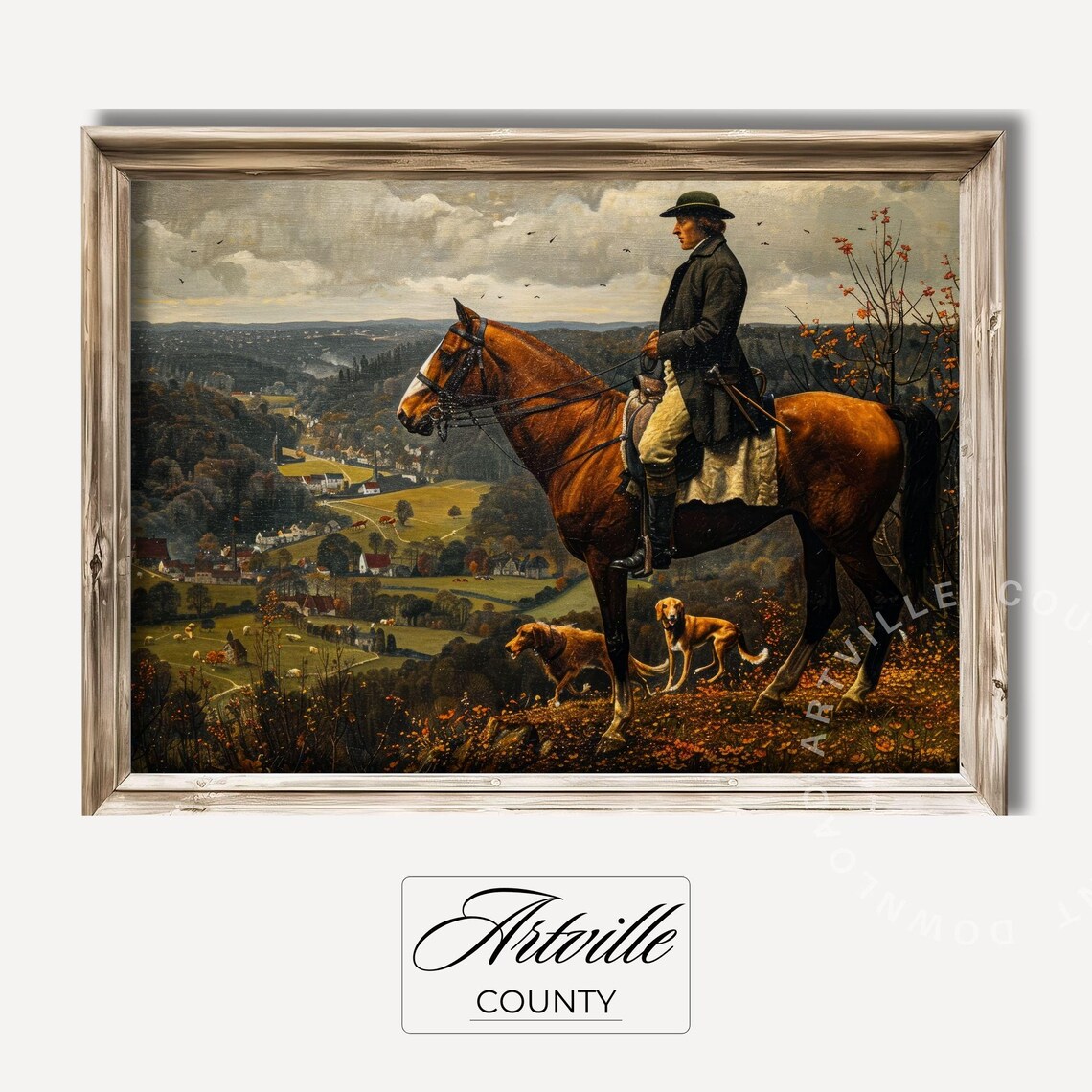 Equestrian Rider Valley Village Vintage Autumn Hunting Poster