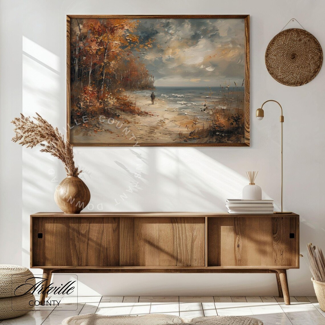 Fall Coastal Landscape Painting Autumn Trees Print Rustic Fall Decor Fall Sea Artwork Moody Coastal Wall Art - Image 4