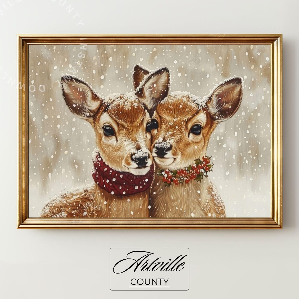 Cute Baby Reindeer Winter Wall Art Two Fawns in Snow Red Scarf Christmas Fun