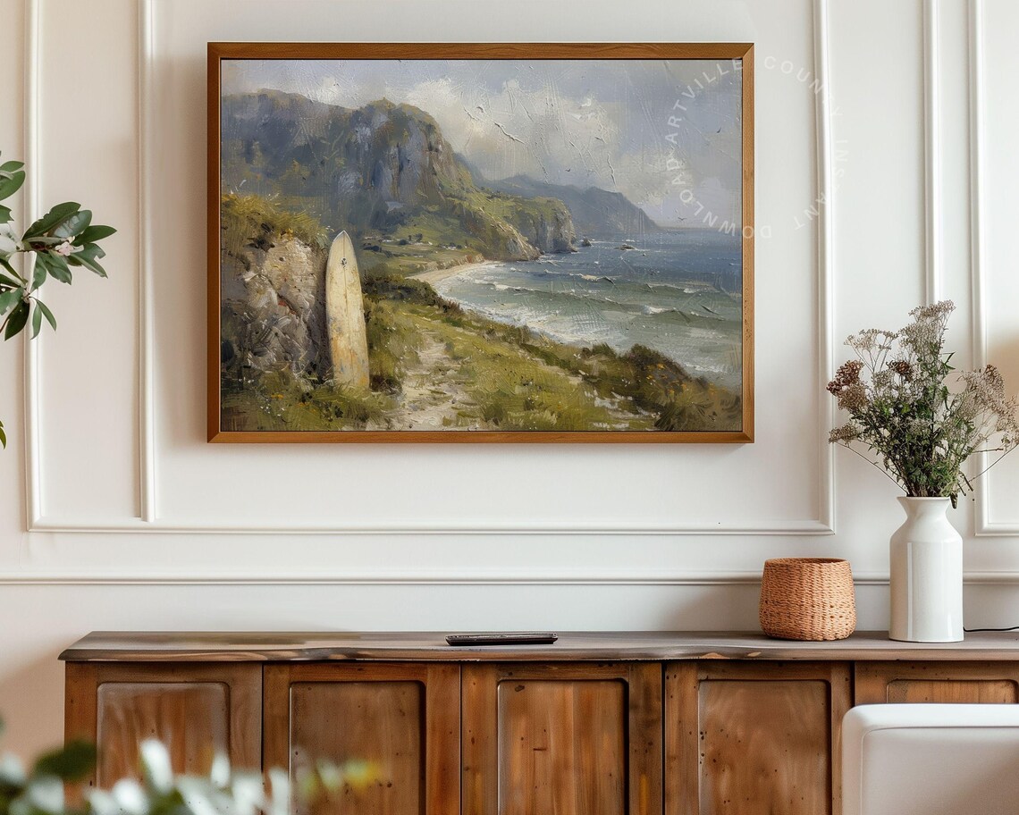 Vintage Coastal Surfboard Oil Painting Cliff Beach Summer Wall Art