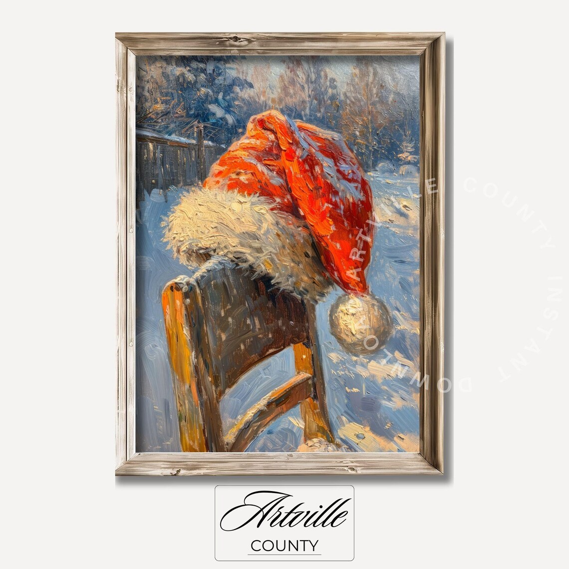 Santa Hat Resting On A Snowy Wooden Chair Vintage Christmas Poster