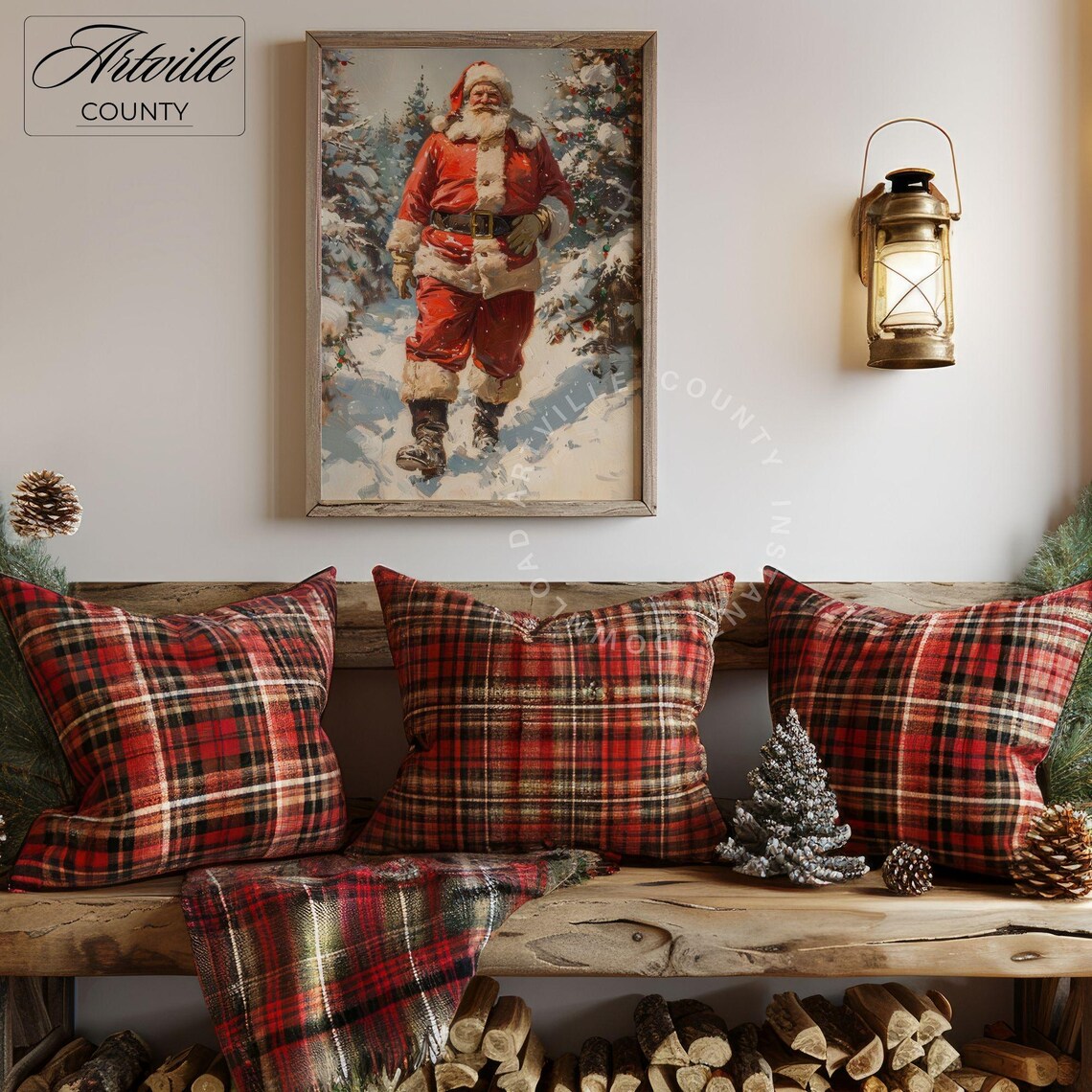 Classic Santa Walking Snowy Pine Forest Vintage Christmas Scene Poster - Image 3