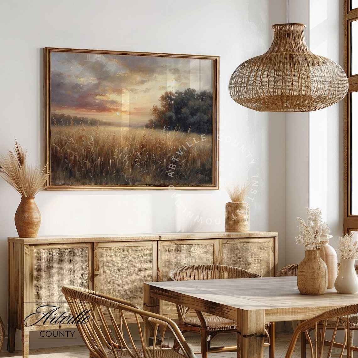 Vintage Country Landscape Painting, Rustic Autumn Sunset - Image 4