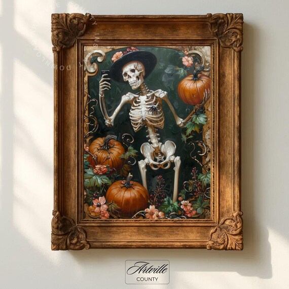 Funny Skeleton Halloween Print Moody Seasonal Wall Art Whimsigoth Pumpkin Poster Dark Painting Spooky October Decor