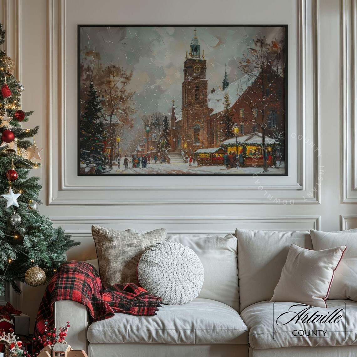 Snowy Christmas Market By The Church Night Scene Wall Poster - Image 2