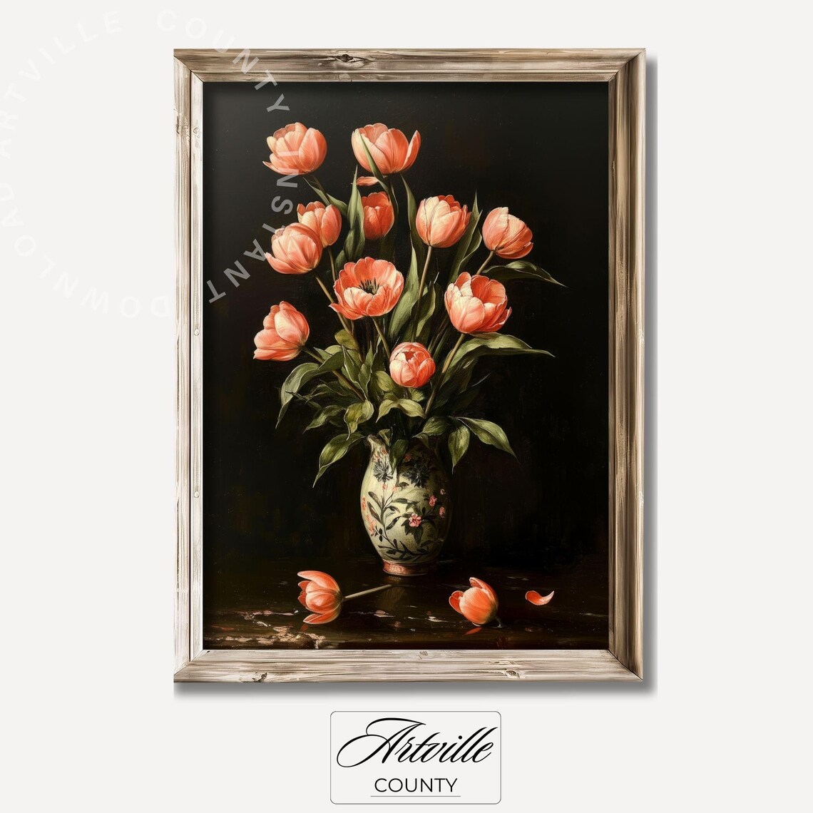 Moody Coral Tulips Dark Oil Painting Vintage Floral Vase Still Life Wall Print