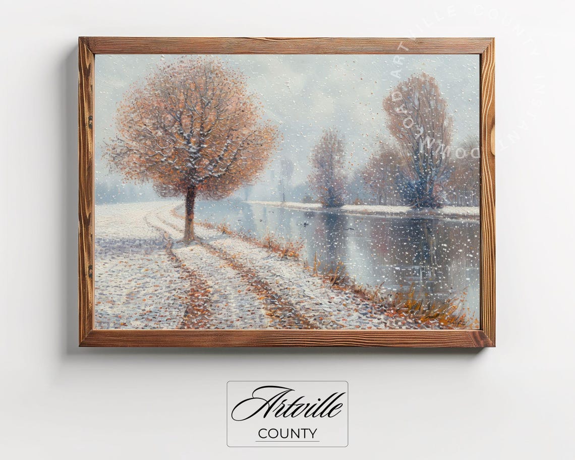 First Snow Dusting Autumn Trees River Mist Neutral Winter Scene Poster - Image 2