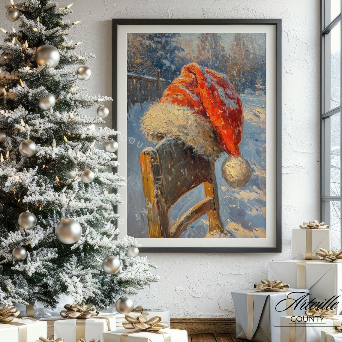 Santa Hat Resting On A Snowy Wooden Chair Vintage Christmas Poster - Image 2