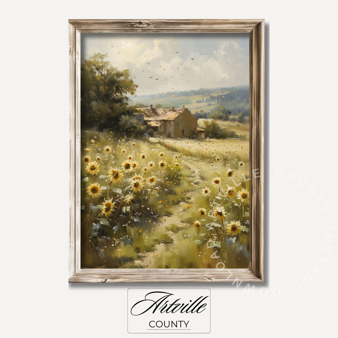 Sunflower Field Cottage Vintage Country Landscape Painting Poster