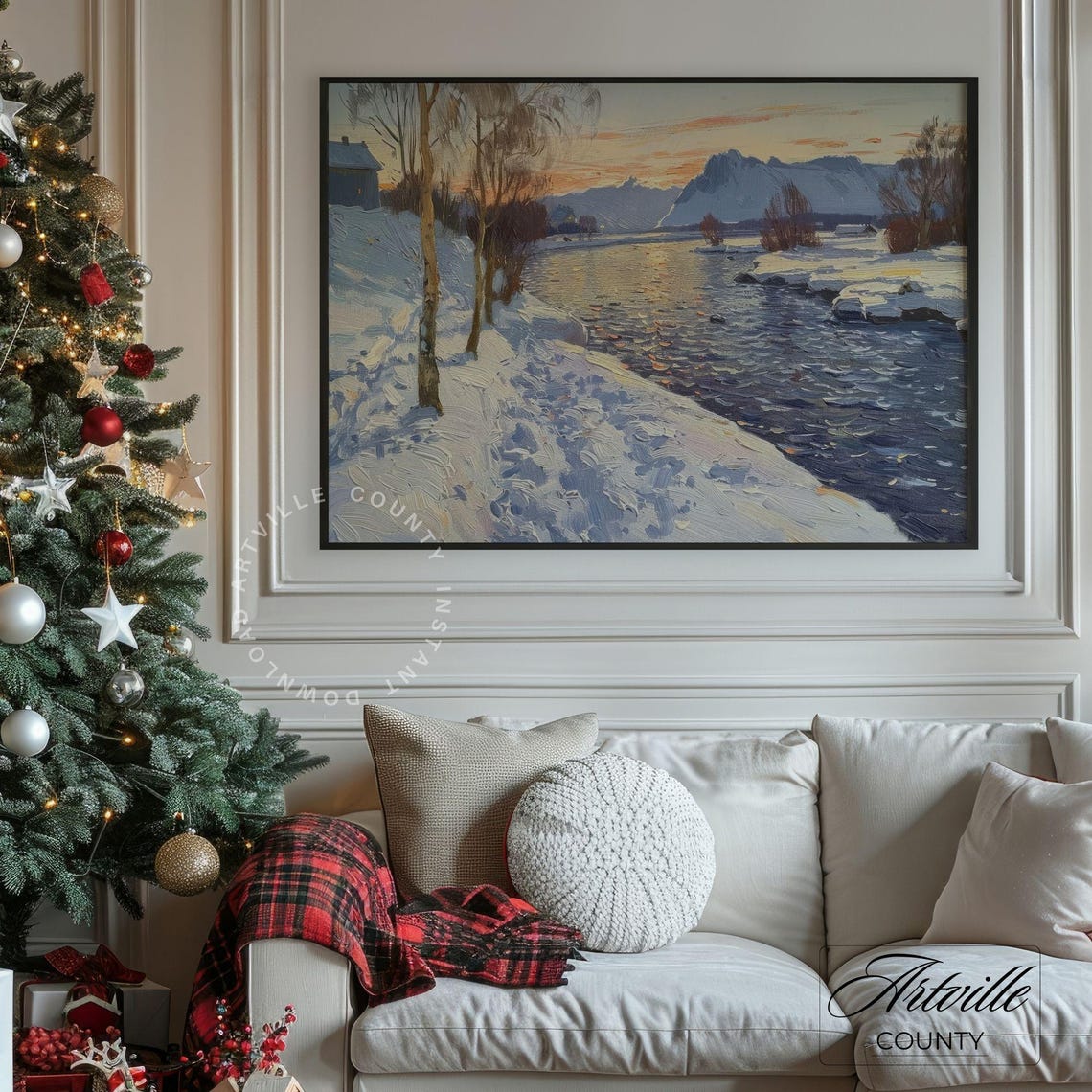 Snowy River At Sunset With Snowy Mountains Winter Scene Poster - Image 3