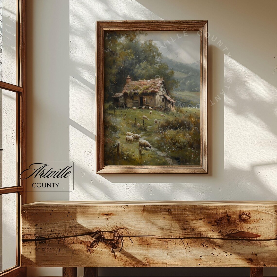 Vintage Cottage Landscape Sheep Grazing Field Art Print - Image 4