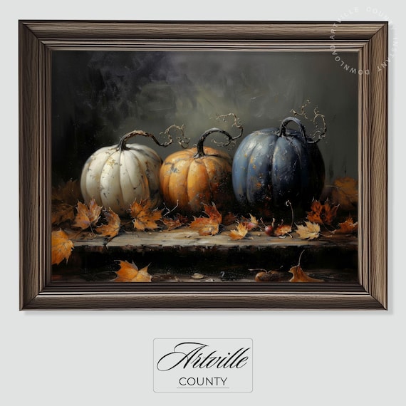 Dark Academia Pumpkin Still Life Wall Art Three Pumpkins Autumn Leaves Mood