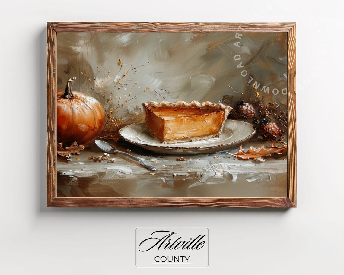 Pumpkin Pie Slice Rustic Still Life Autumn Kitchen Oil Poster - Image 2