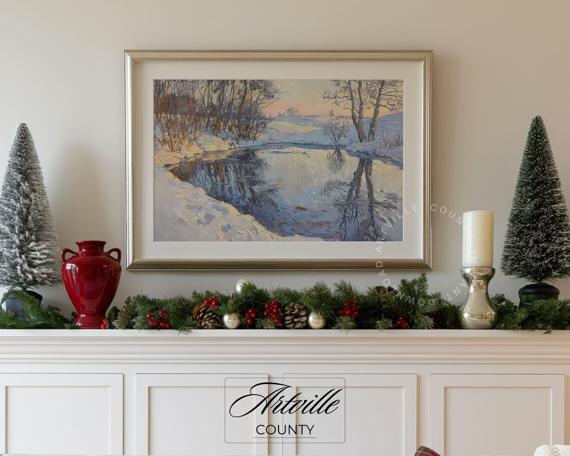 Winter River Sunset Snowy Banks Impressionist Oil Painting Poster - Image 5