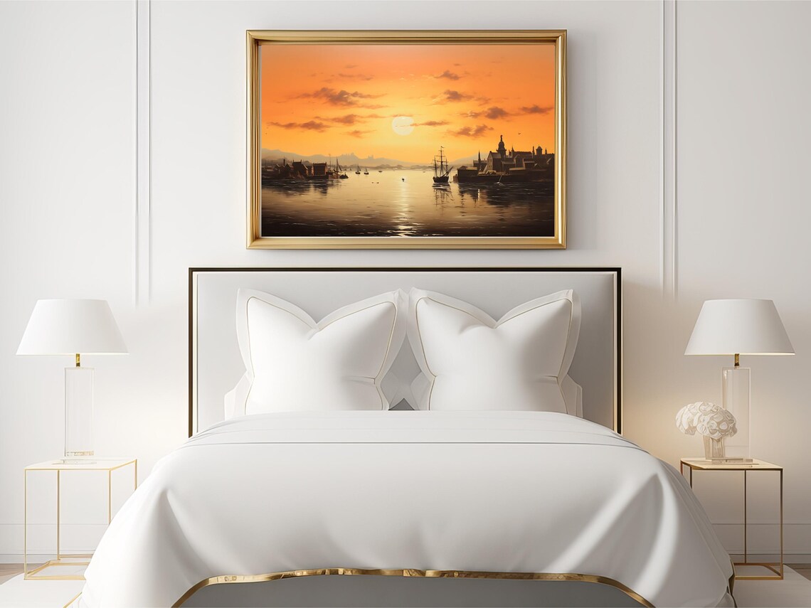 Vintage Seascape Painting, Sunset Harbor Sailboat - Image 2