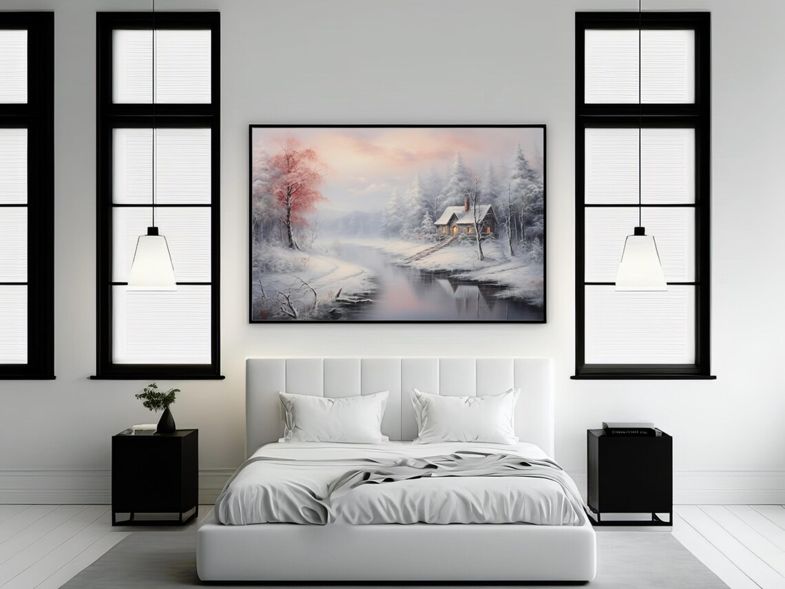 Rustic Winter Landscape, Cozy Cabin By The River Art - Image 2