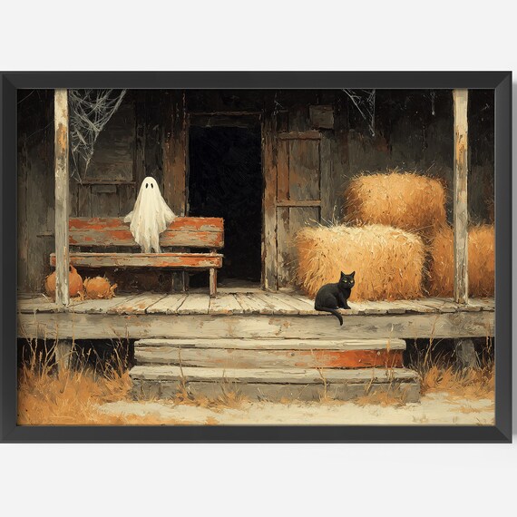 Halloween And Cat Porch Print Nostalgic Farmhouse Decor