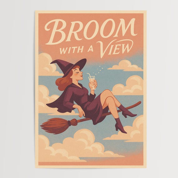 Retro Witch Poster Glamorous Flying With Drink Halloween Decor