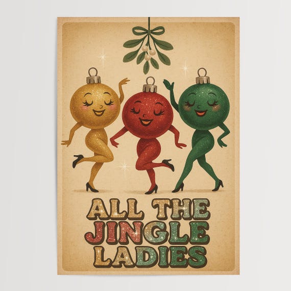Funny Retro Christmas Poster Dancing Ornaments Mistletoe Holiday Print