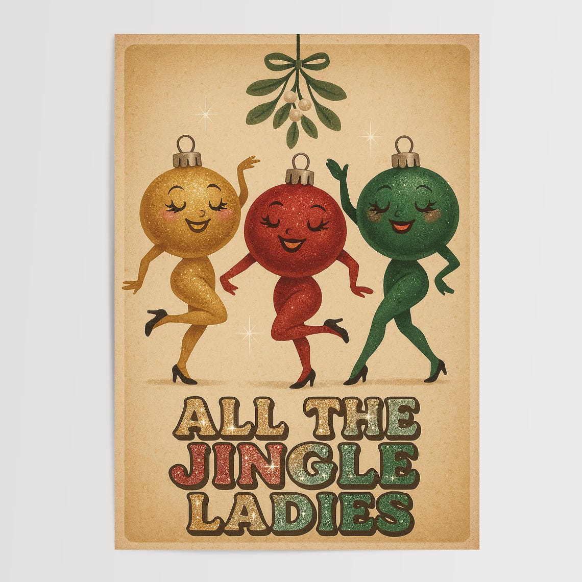 Funny Retro Christmas Poster Dancing Ornaments Mistletoe Holiday Print