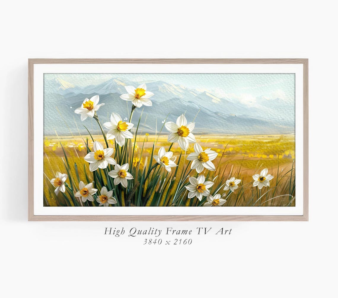 Frame Tv Art Spring Daffodil Meadow Mountain Landscape Impressionist Painting Peaceful Landscape - Image 3