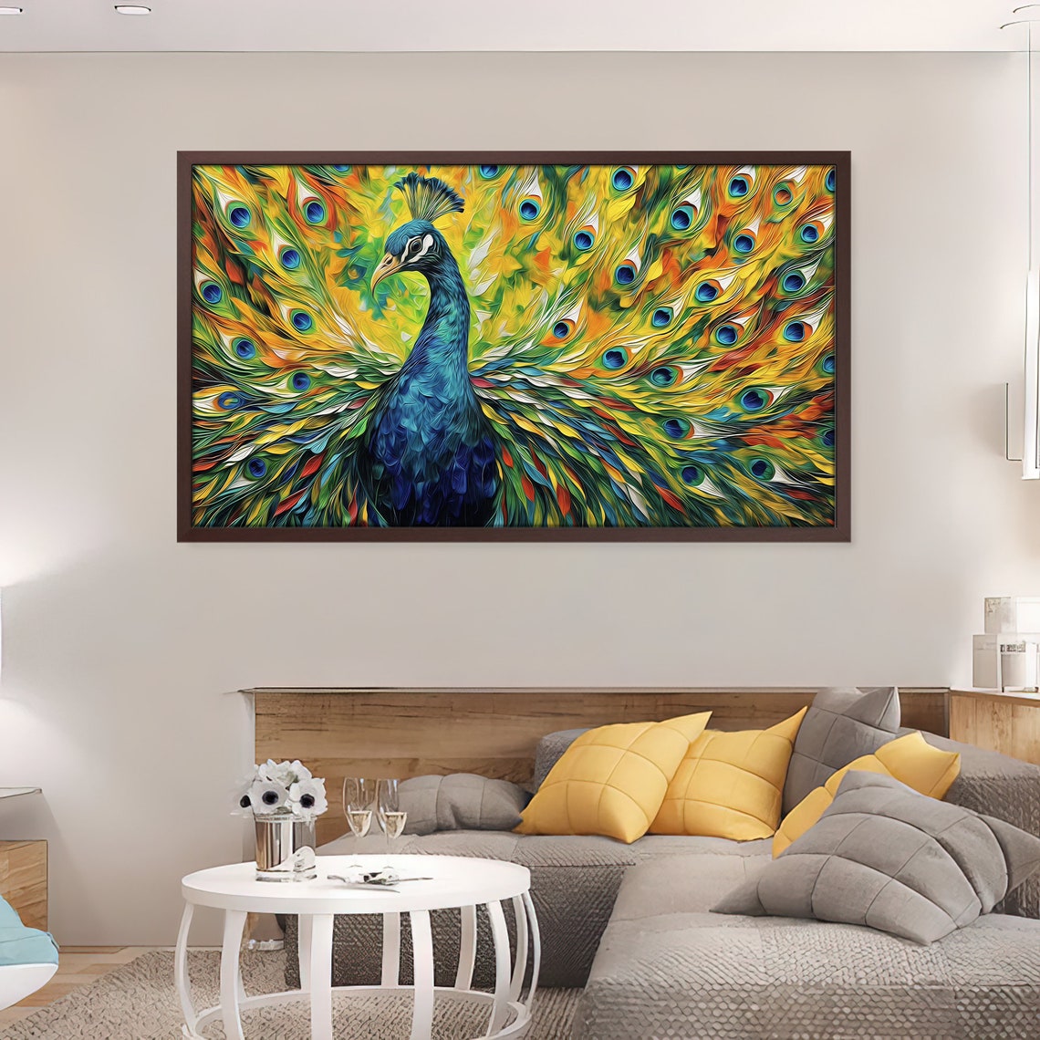 Vibrant Peacock Spread Tail Feathers Impasto Oil Wildlife Wall Art - Image 2