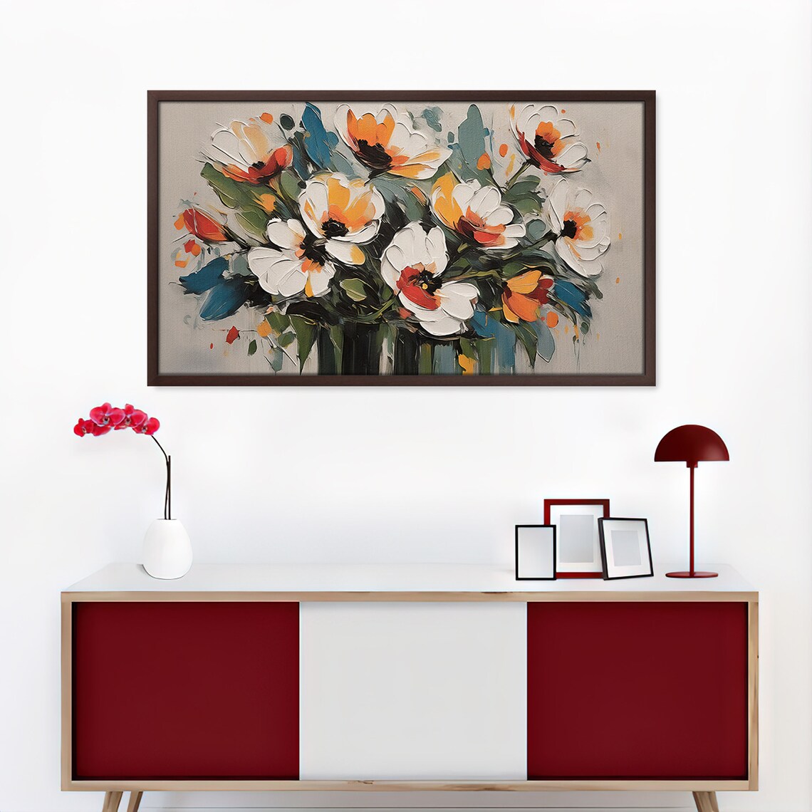 White Orange Poppies Impasto Bouquet Gray Textured Flower Art Poster - Image 4