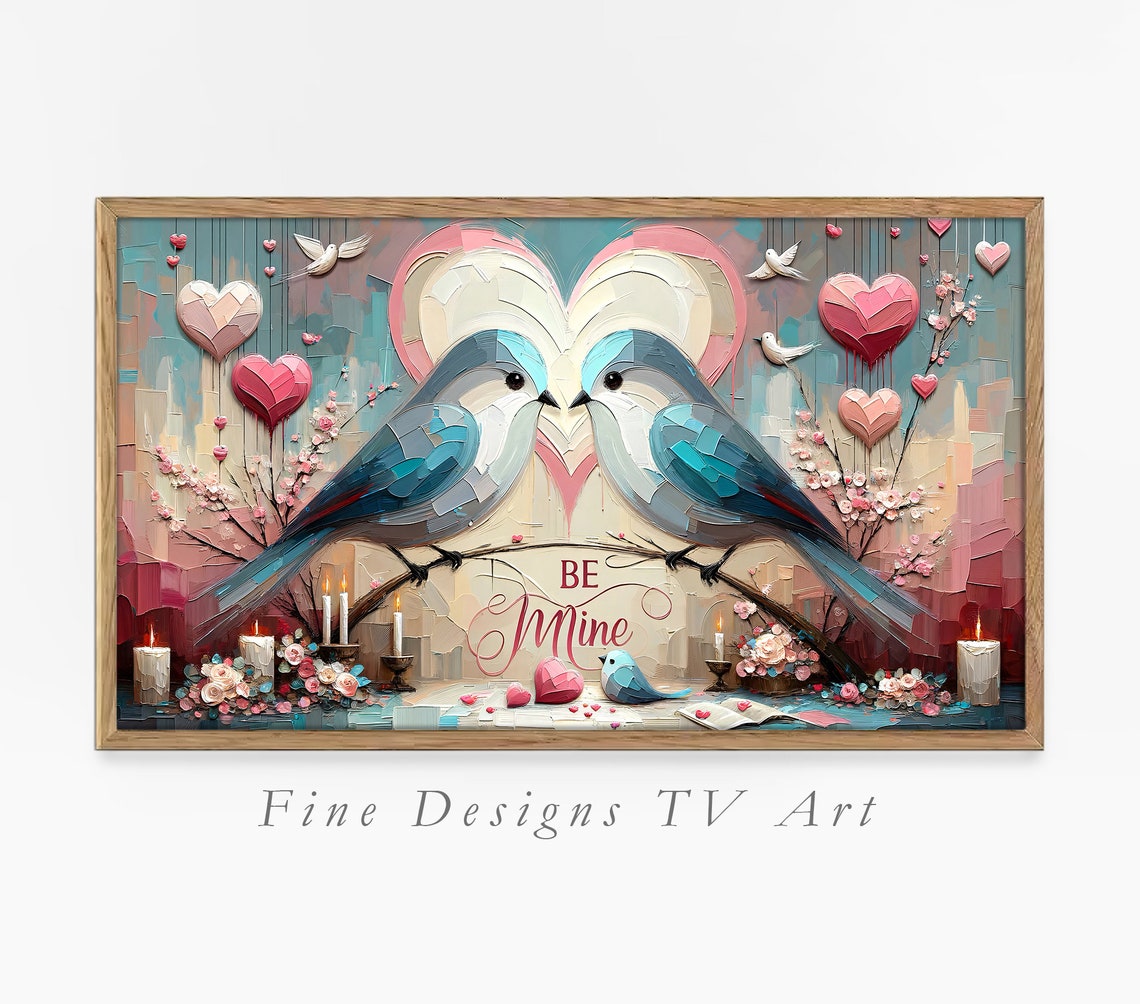 Blue Lovebirds With Heart Valentine Romance Textured Art Love Poster