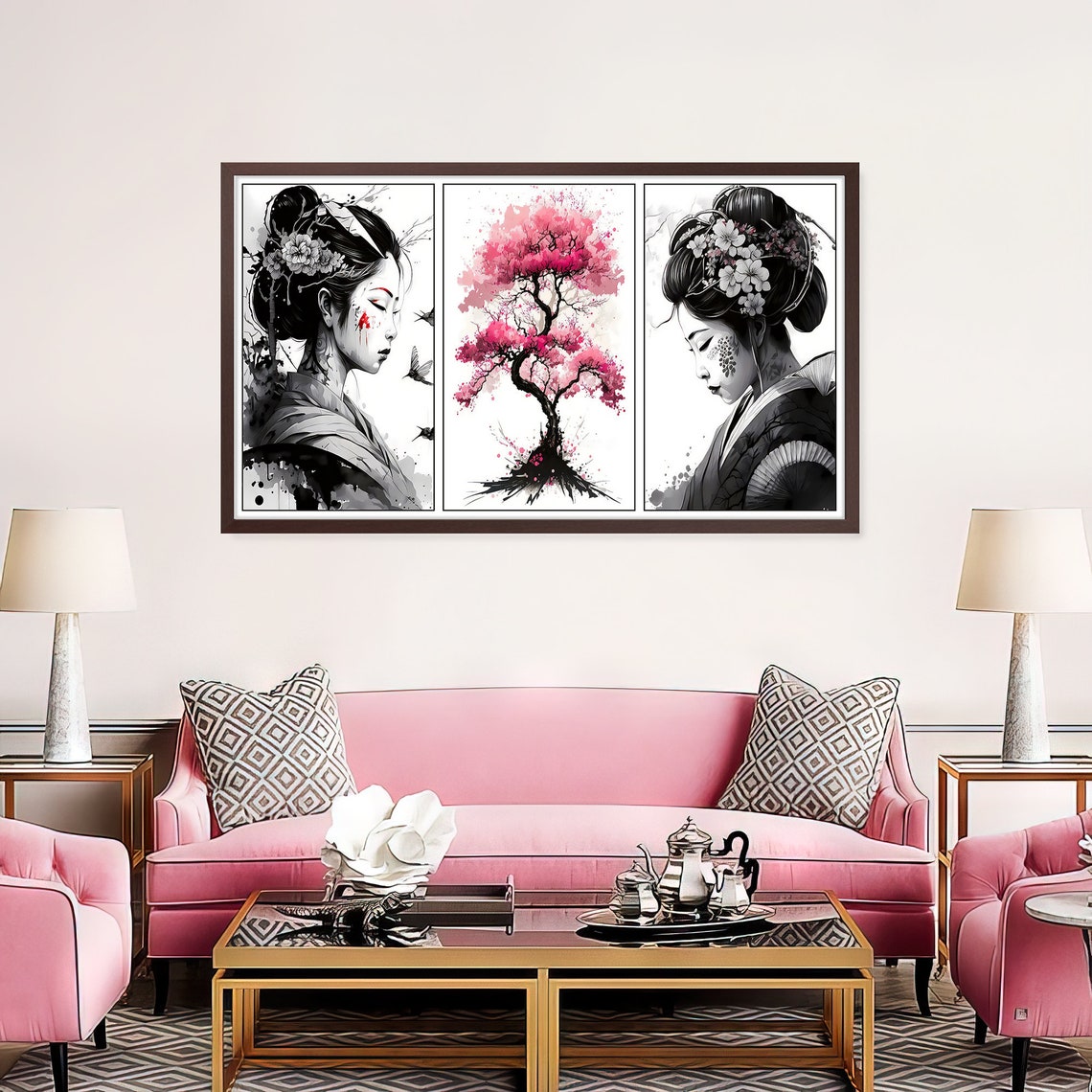 Japanese Geisha Cherry Blossom Triptych Black White Pink Art Poster - Image 2