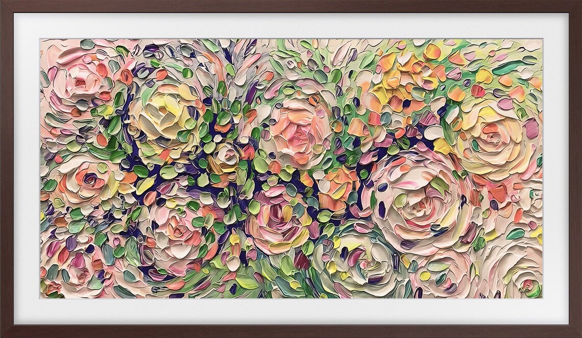Vibrant Impasto Pink Roses Thick Texture Floral Garden Art Poster - Image 3