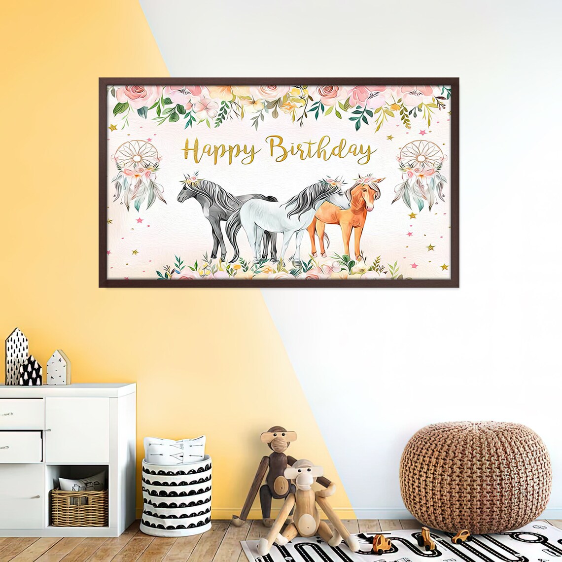 Happy Birthday Horses Floral Crowns Gold Script Party Wall Art Print - Image 4