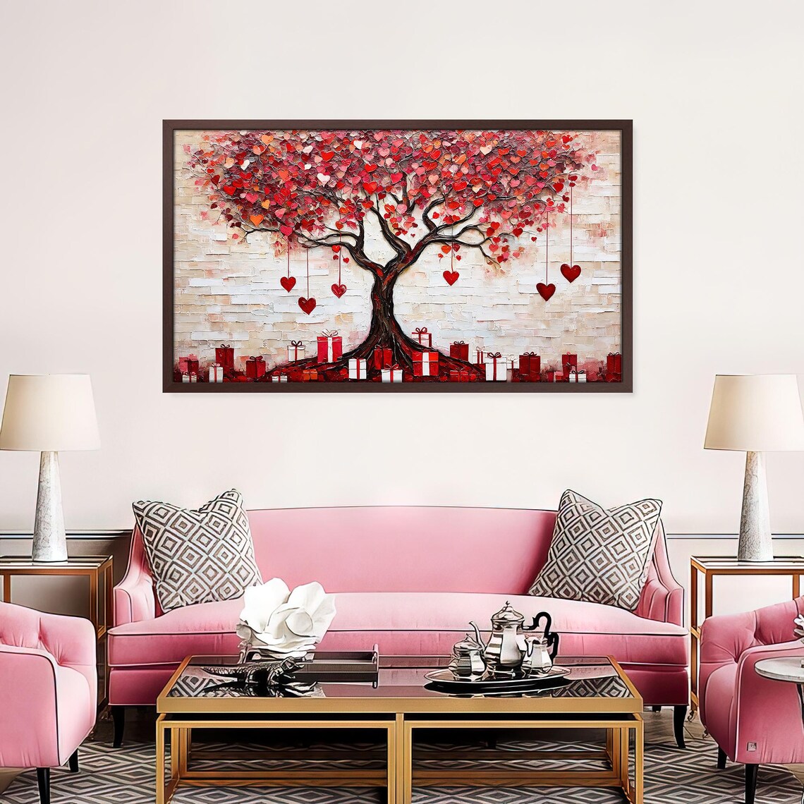 Red Heart Love Tree Impasto Oil Painting Valentine Gift Decor Poster - Image 2
