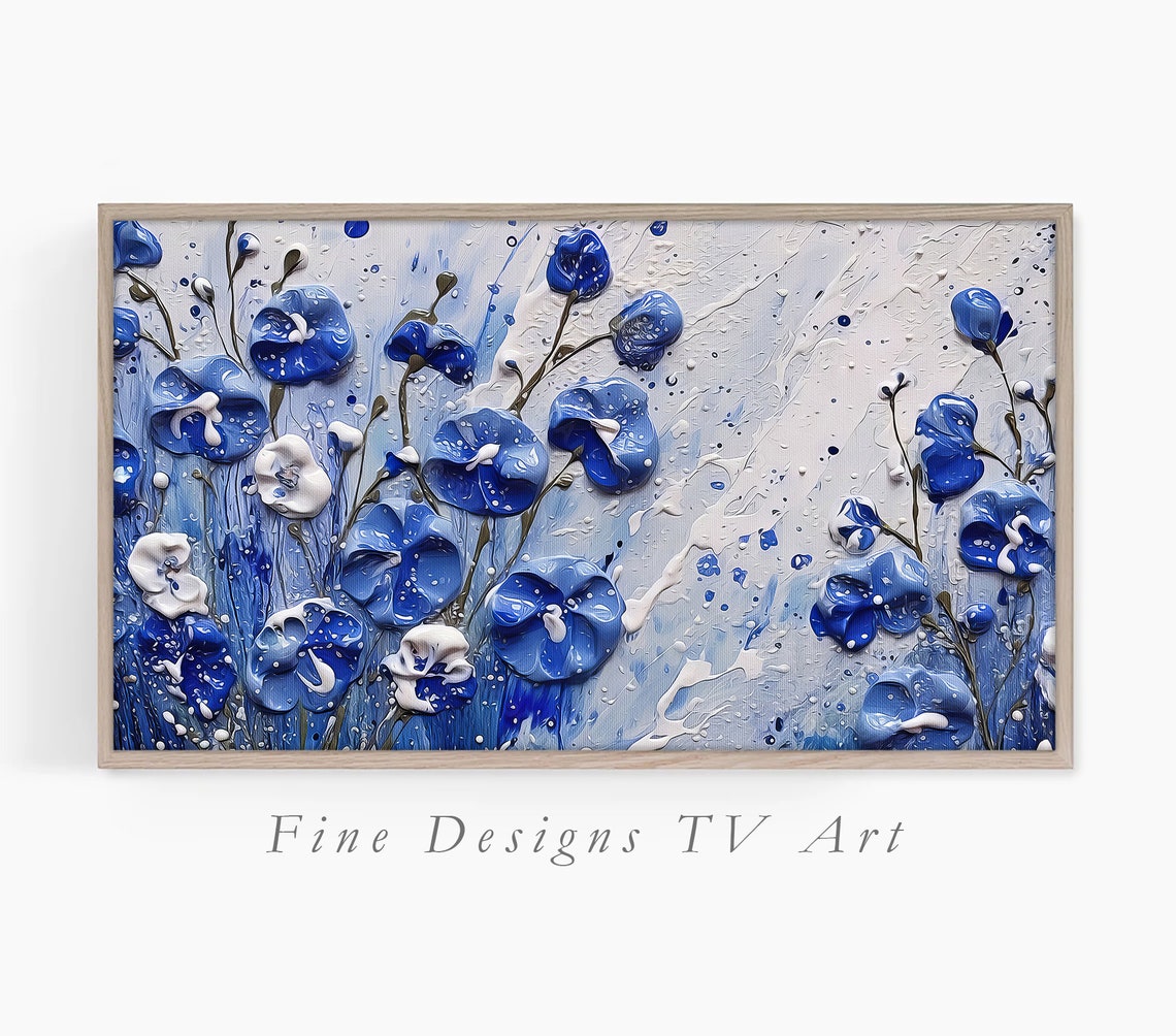 Blue White Impasto Flowers Textured Rainy Background Floral Art Print