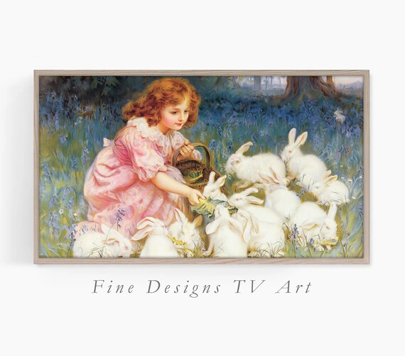 Little Girl Feeding White Rabbits Bluebell Meadow Vintage Art Print