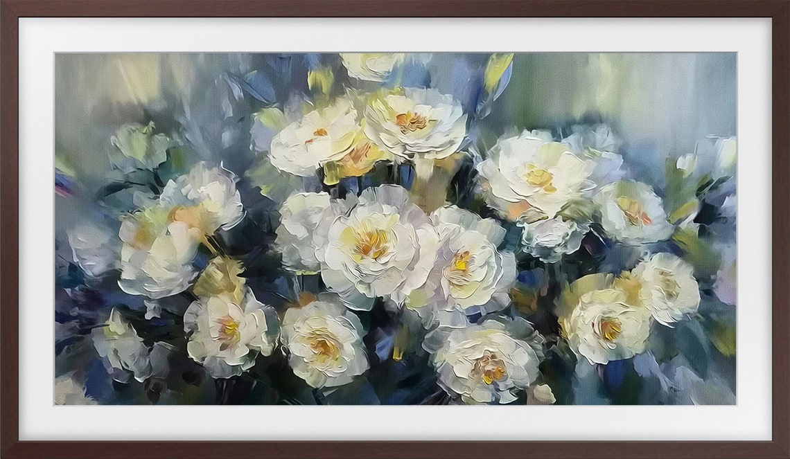 White Peony Textured Bouquet Blue Green Elegant Spring Art Poster - Image 3