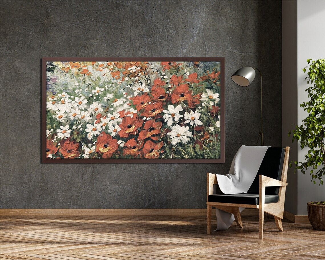 Vibrant Red White Flower Meadow Poppy Daisy Bold Garden Art Poster - Image 3