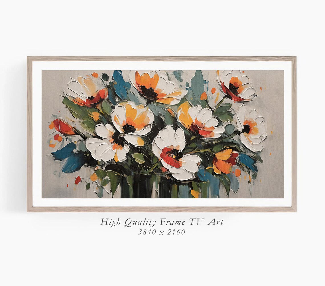 White Orange Poppies Impasto Bouquet Gray Textured Flower Art Poster - Image 3