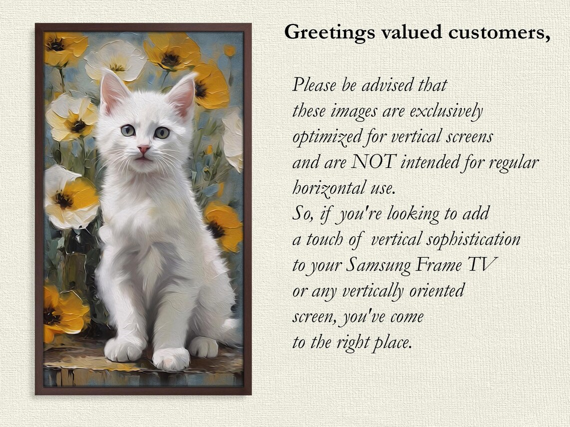 White Kitten Yellow Poppies Vertical Oil Painting Cat Floral Art Print - Image 4