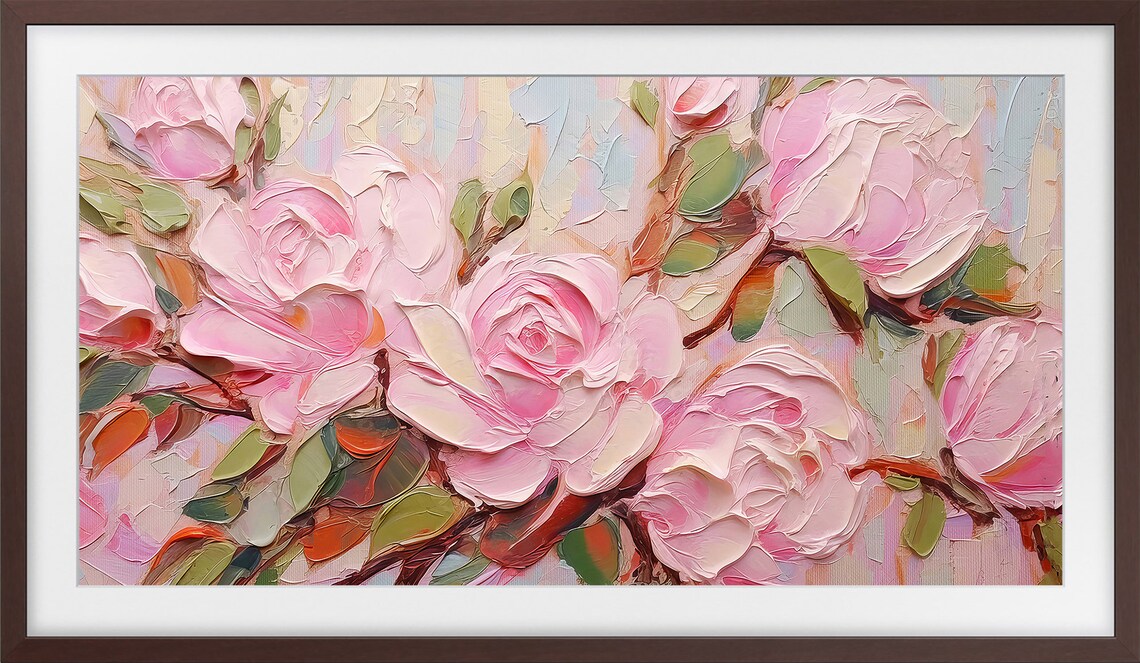 Pink Roses Impasto Close Up Soft Pastel Rose Bloom Floral Art Print - Image 3