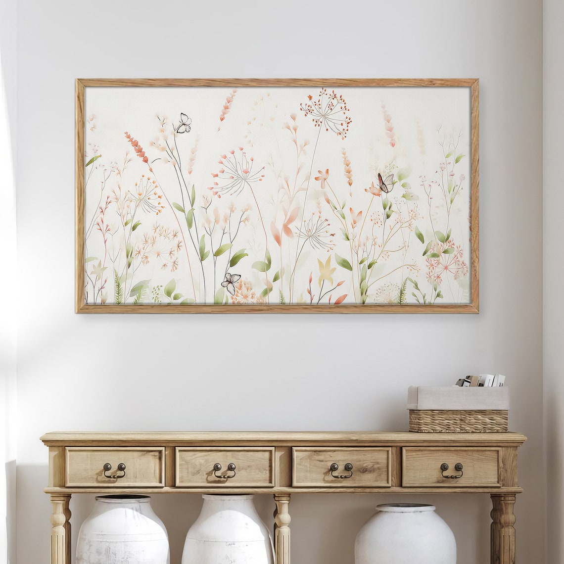 Beige Wildflower Meadow Butterflies Minimal Spring Art Print - Image 4