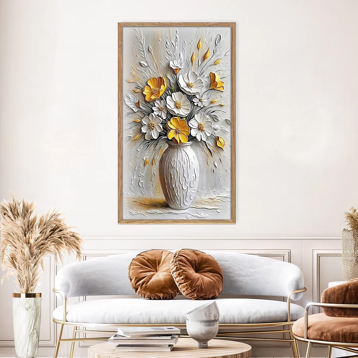 White Yellow Daisy Vase Vertical Impasto Floral Painting Wall Poster - Image 3