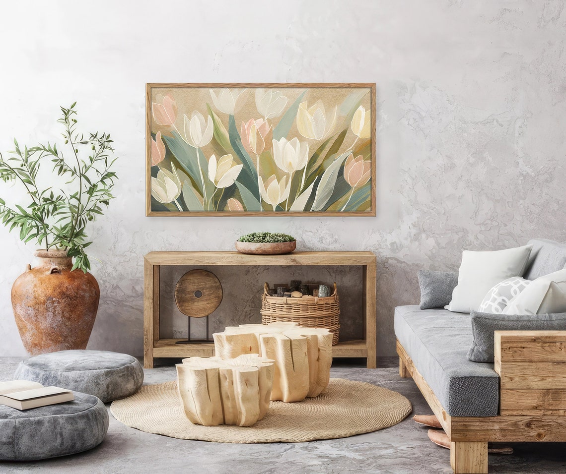 Blush Cream Tulips Sage Green Gold Background Elegant Floral Art Print - Image 4