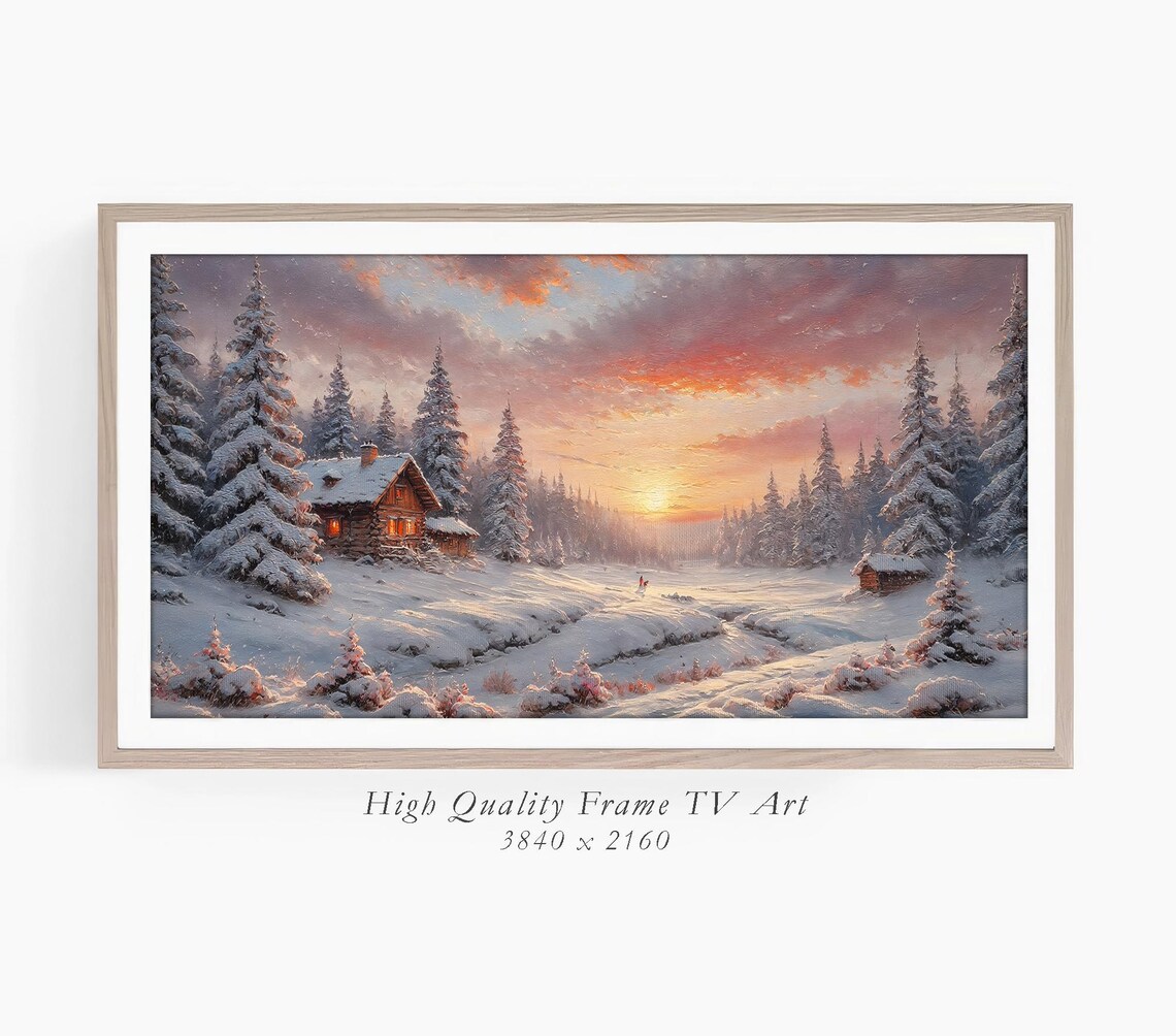 Frame Tv Art Schristmas Romantic Winter Sunset Rustic Cabin Painting Snow Landscape Art Snowy Forest - Image 3