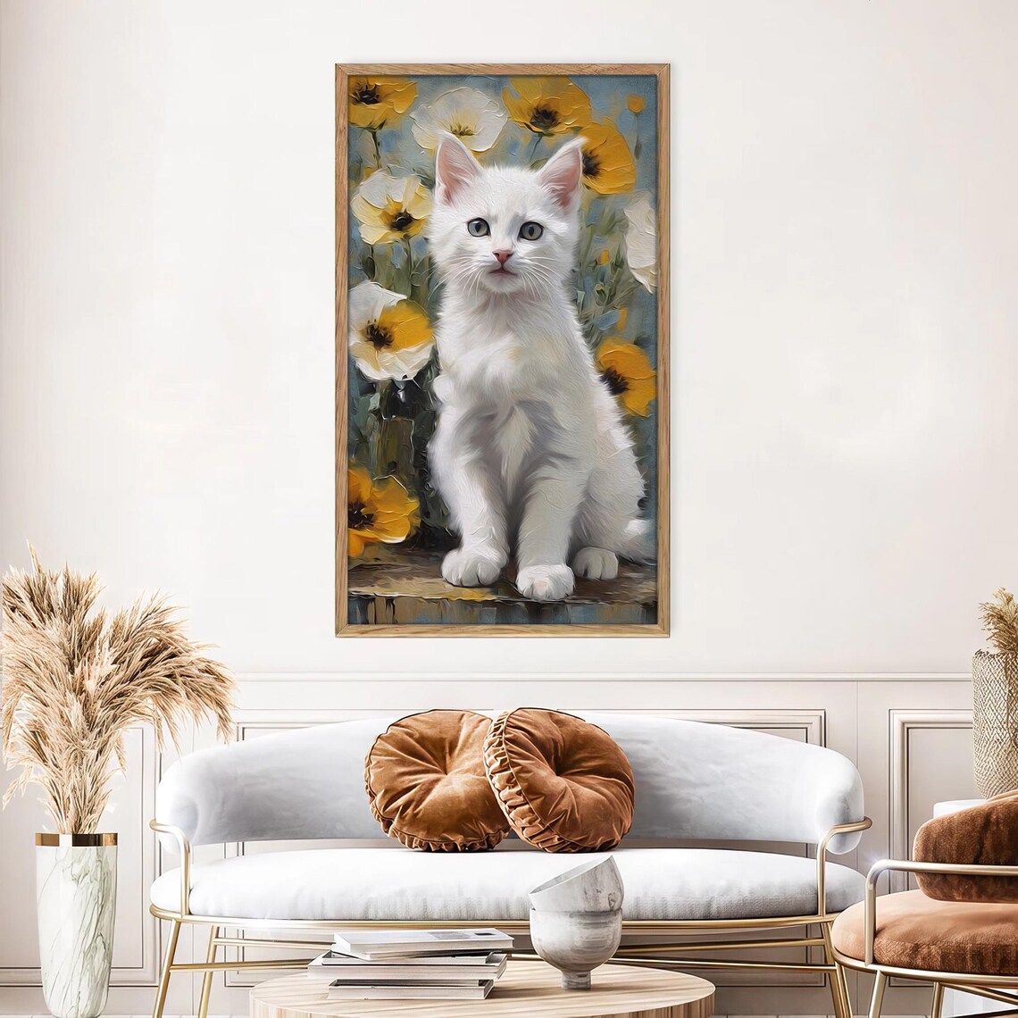 White Kitten Yellow Poppies Vertical Oil Painting Cat Floral Art Print - Image 3
