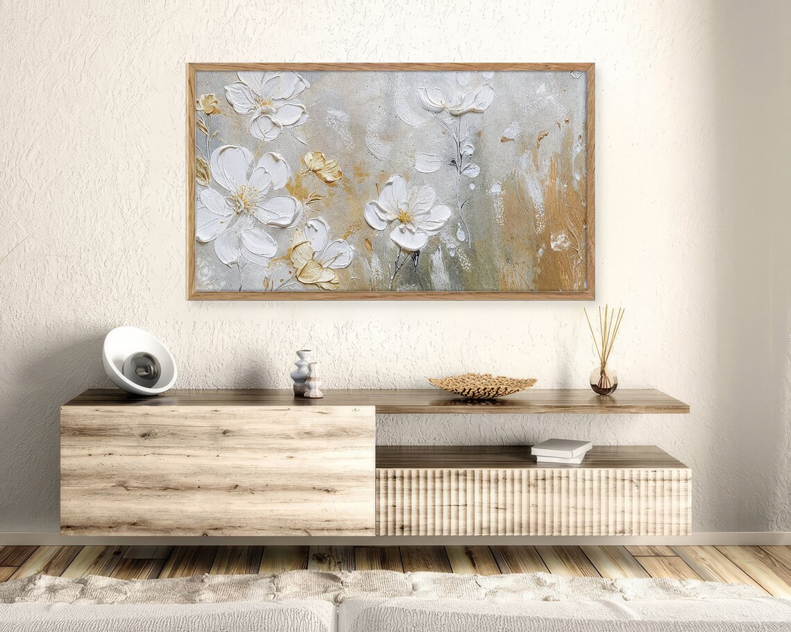 White Blossoms Gold Accents Gray Textured Abstract Floral Art Print - Image 2