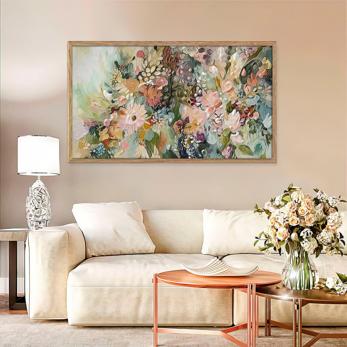 Soft Summer Flower Garden Pastel Peach Sage Blossom Art Poster - Image 2