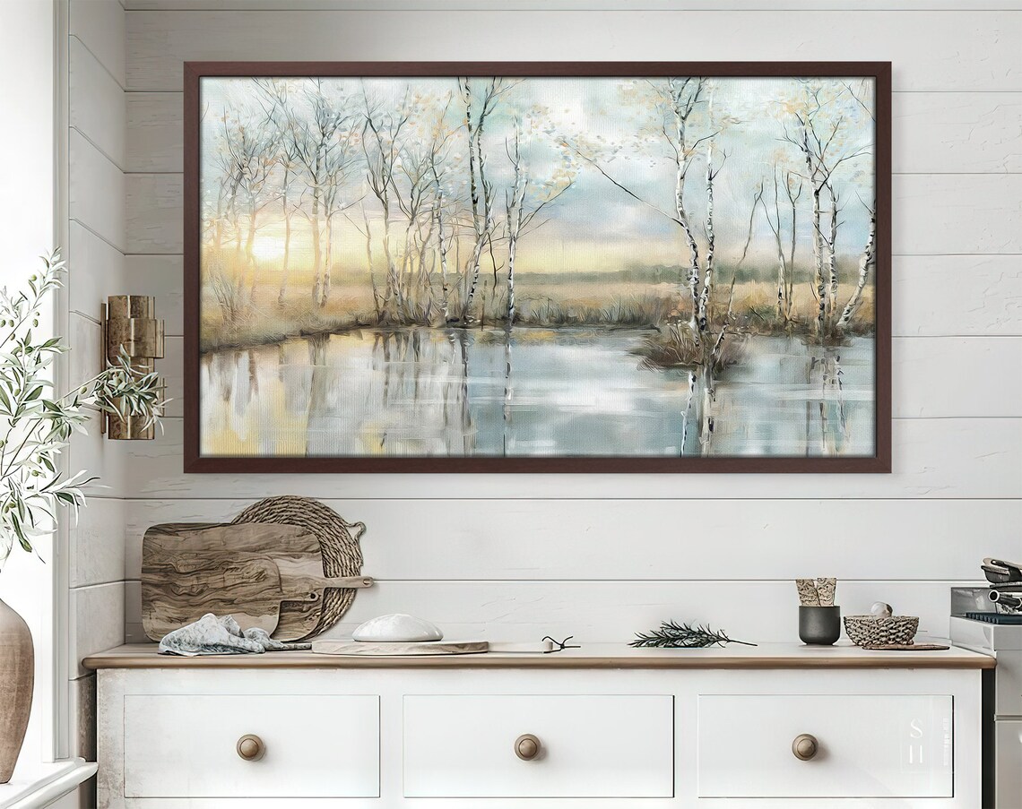 Frame Tv Art Stunning Sunrise By The Lake Birch Trees Light Haze Landscape Painting Morning Mood - Image 4