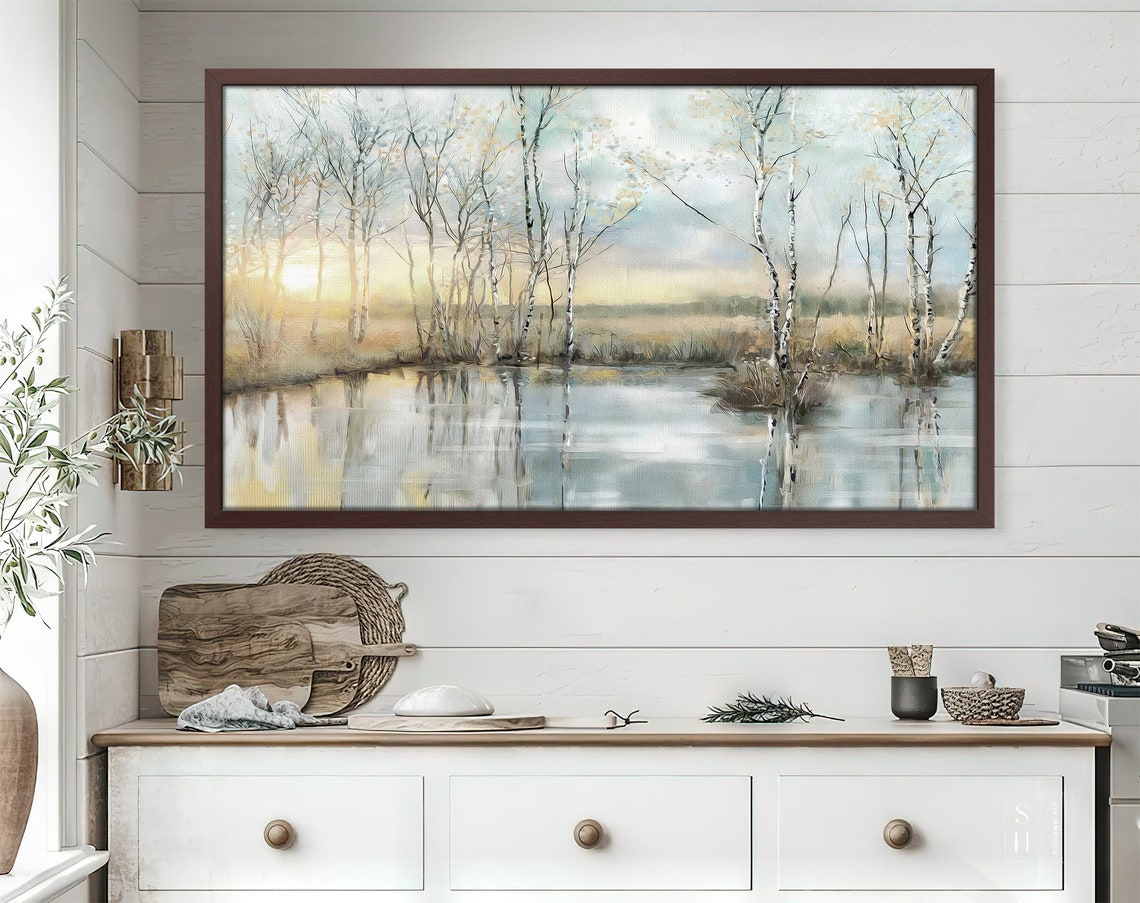 Peaceful Sunrise Lake Birch Trees Golden Mist Morning Landscape Poster - Image 4