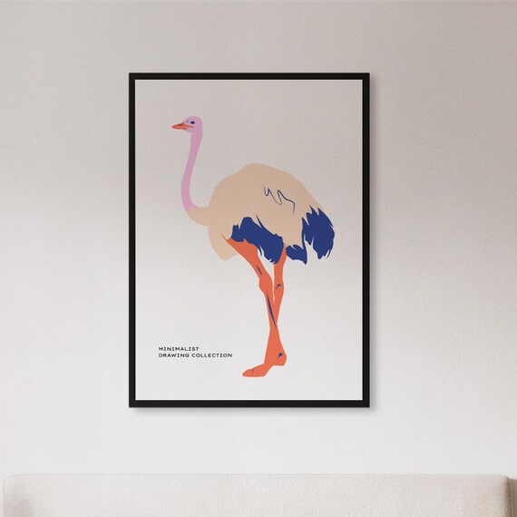 Framed Ostrich Modern Wall Art Print Minimal Animal Illustration Poster Colorful Bird Kitchen Decor Gift For Nature Lover Or Home