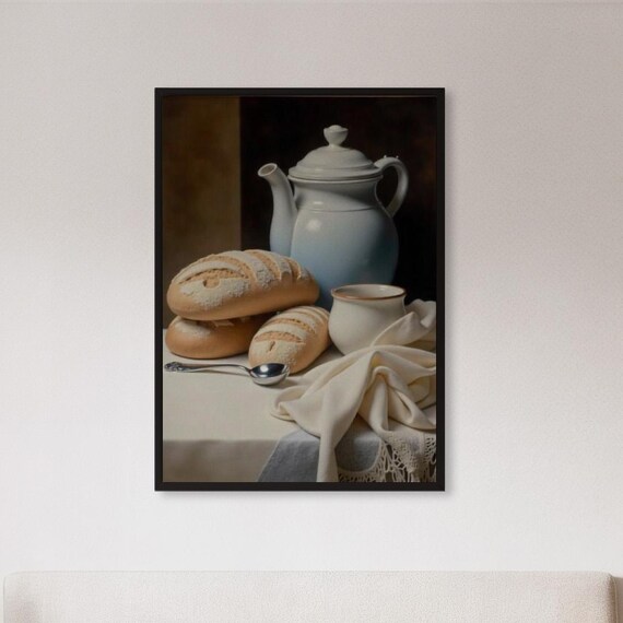 Rustic Bread Loaves and Teapot European Still Life Painting Poster